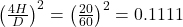  \left(\frac{4H}{D}\right)^2 = \left(\frac{20}{60}\right)^2 = 0.1111 