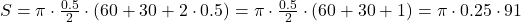  S_{\text{запас}} = \pi \cdot \frac{0.5}{2} \cdot (60 + 30 + 2 \cdot 0.5) = \pi \cdot \frac{0.5}{2} \cdot (60 + 30 + 1) = \pi \cdot 0.25 \cdot 91 